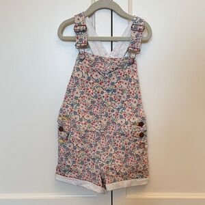Mini Boden Girls Floral Denim Short Overalls with Heart Pockets. Youth 6-7.